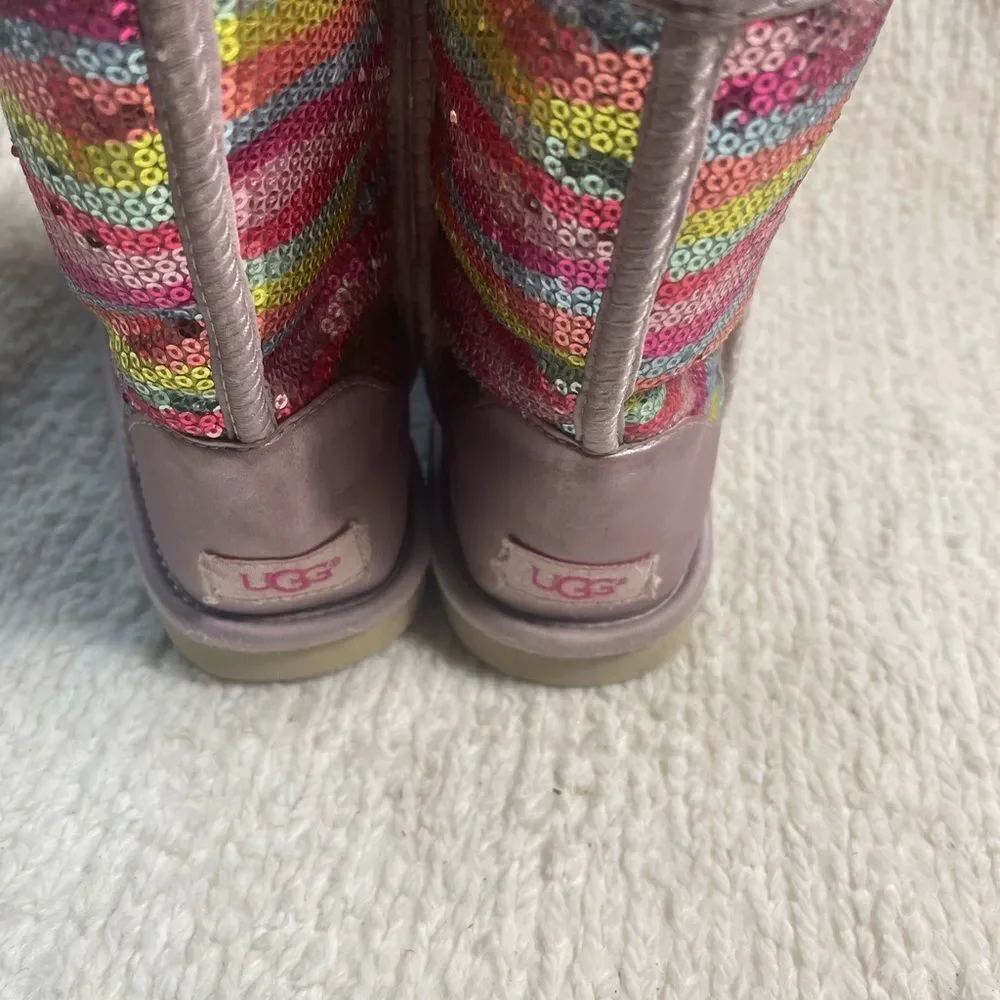 UGG sparkle Sequins Rainbow kids Boots leather blush pink trims  fur lining SZ6